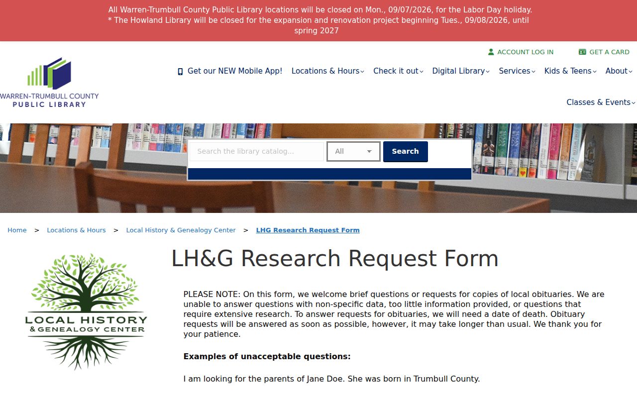 Liberty Township city directory Local History and Genealogy research request form