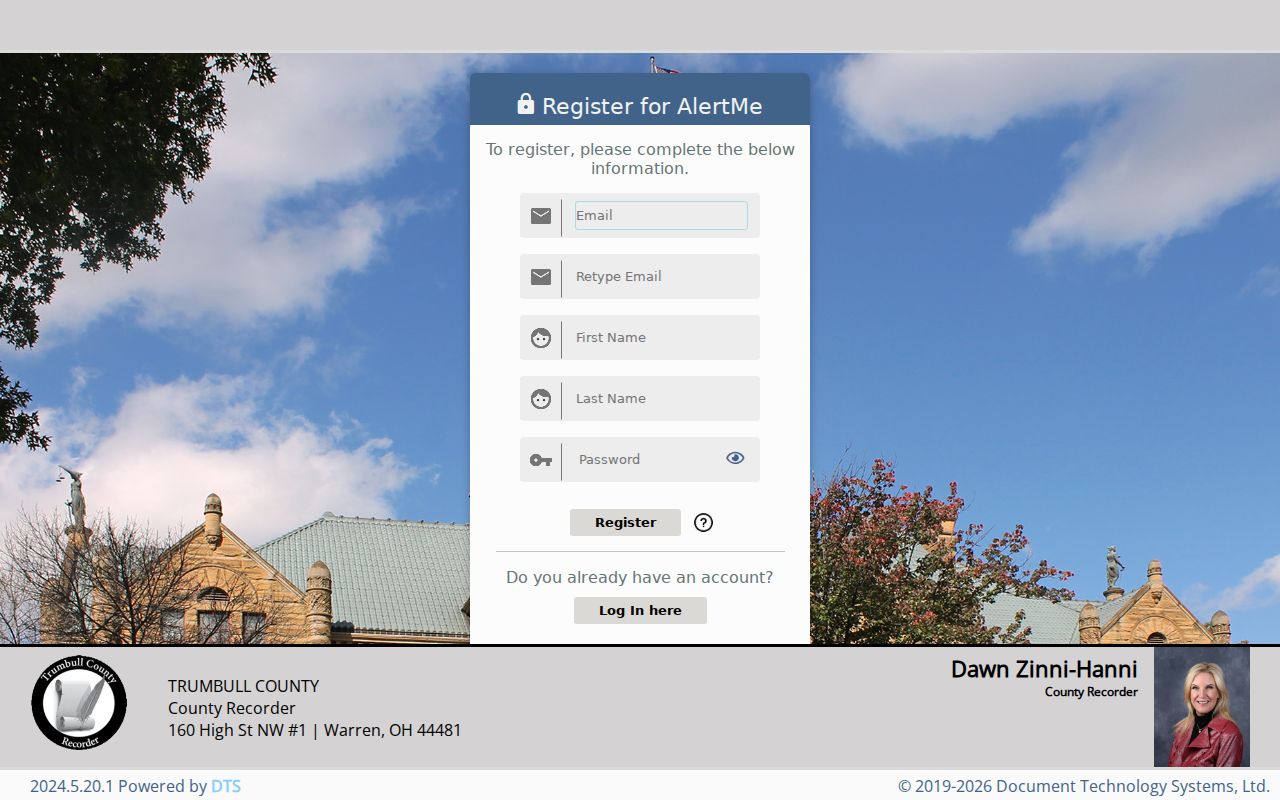 Liberty Township previous residents Recorder AlertMe registration screen