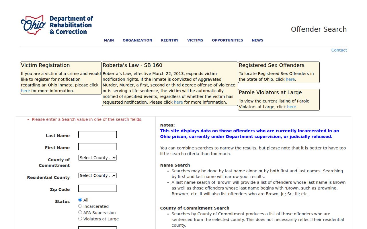 Liberty Township resident lookup Ohio DRC offender search screen